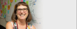 Beth Kanter in front of a whiteboard with facilitation post it notes all over it