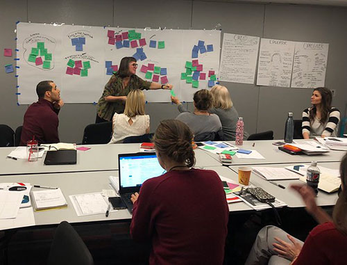 Beth teaching a class and facilitating with post-it notes